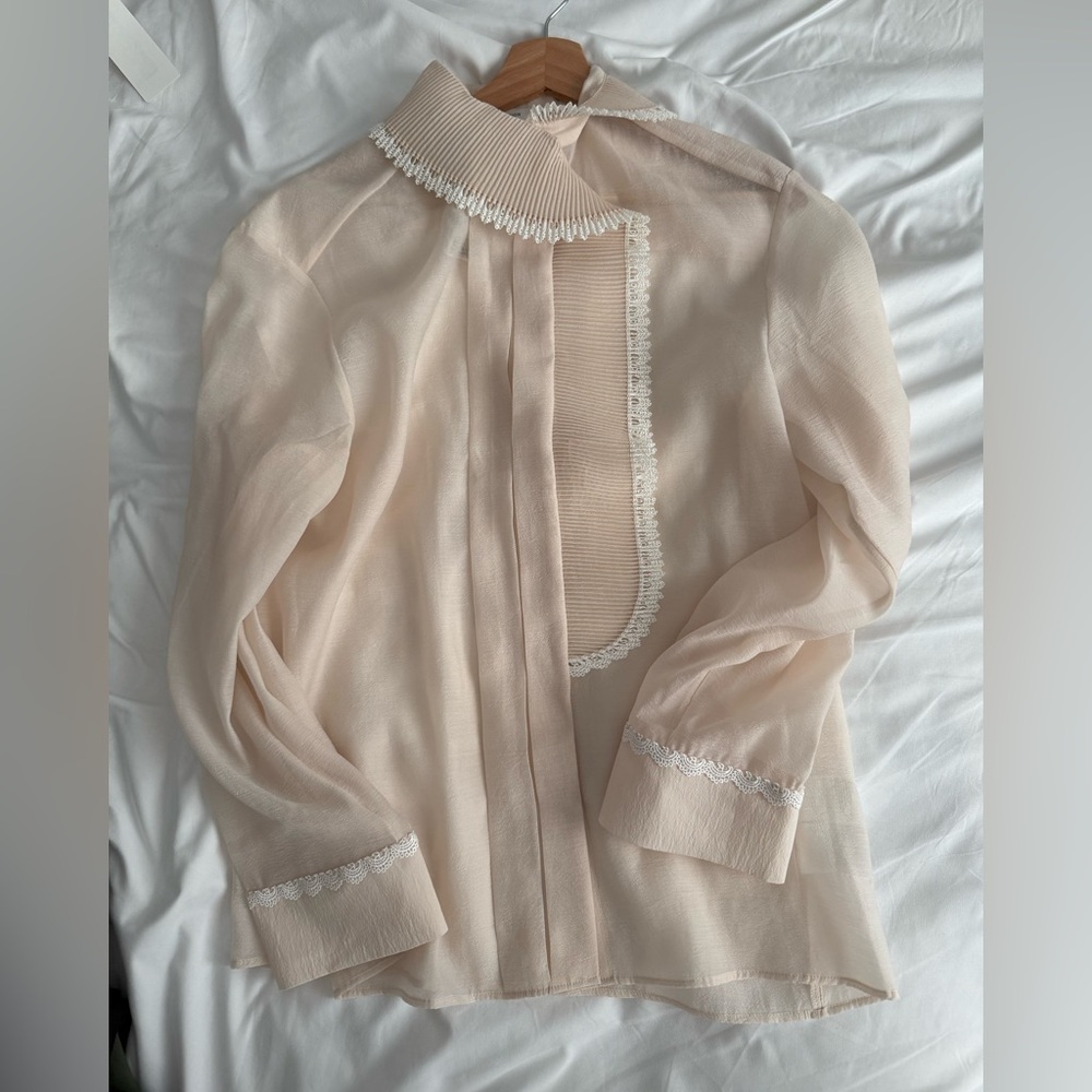 H&M Beige Blouse with Lace Trim and Fluttery High Collar - Picture 4 of 7